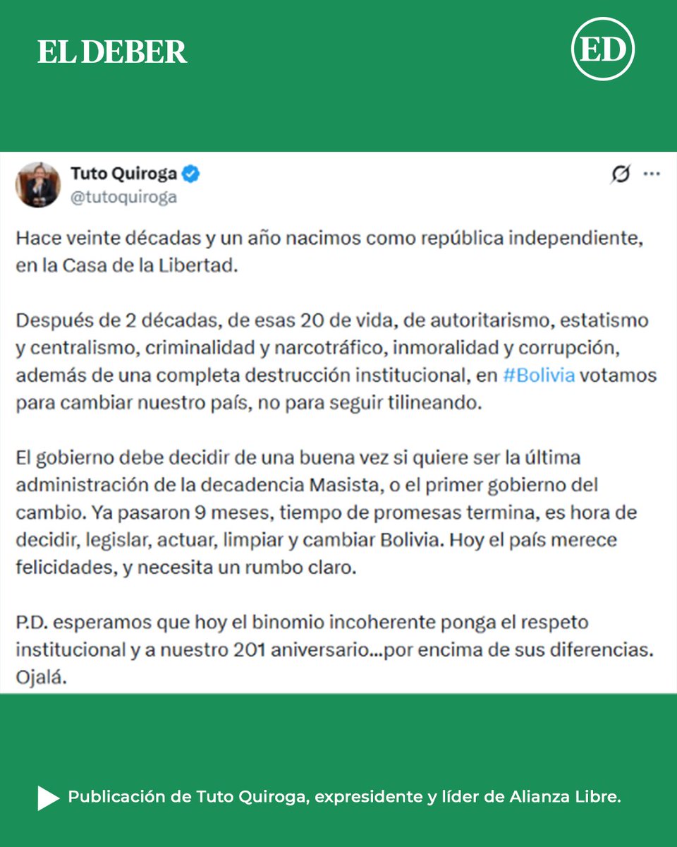 grupoeldeber's tweet photo. Tuto Quiroga, expresidente y líder de Alianza Libre, felicitó a Bolivia por sus 201 años de independencia.
📌Infórmate en https://t.co/WKbbxIKk32
#ELDEBER #TutoQuiroga #Bolivia #IndependenciaDeBolivia https://t.co/oftArYbAGx