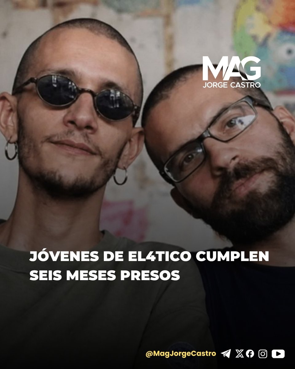 MagJorgeCastro's tweet photo. Los jóvenes Ernesto Ricardo Medina y Kamil Zayas Pérez, integrantes del proyecto independiente El4tico, cumplen este 6 de agosto seis meses encarcelados tras ser detenidos en Holguín durante un operativo de la Seguridad del Estado.

El 6 de febrero, agentes irrumpieron en la vivienda, confiscaron computadoras, teléfonos, cámaras y otros equipos utilizados para documentar su trabajo. 

Seis meses después del operativo, Ernesto y Kamil continúan privados de libertad por formar parte de un proyecto dedicado a mostrar una Cuba que el régimen pretende mantener fuera de las cámaras.

Libertad para los jóvenes de El4tico.