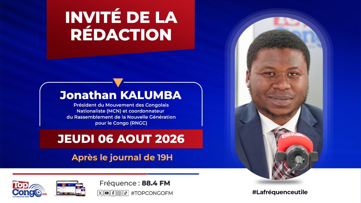 MOTEMA_CD's tweet photo. 🤍🇨🇩 Le président du Mouvement des Congolais Nationalistes Unifiés (MCNU) et coordonnateur du RNGC, Jonathan Kalumba ( @jkalumba49 ), sera l’invité de Top Congo FM ce soir, juste après le journal de 19 heures. https://t.co/CPcYATLxQ9