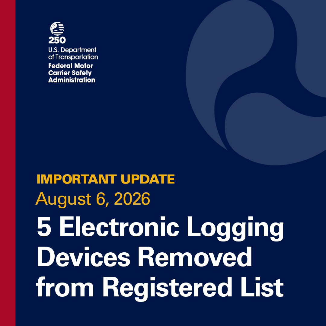 FMCSA's tweet photo. 🚨 FMCSA Removes 5 ELDs from Registered List🚨
Today, FMCSA removed 5 Electronic Logging Devices (ELDs) from its list of approved devices for use in commercial motor vehicles. Drivers using these devices must switch to paper logs immediately. Carriers have 60 days to replace them. 🔗 More in comments.