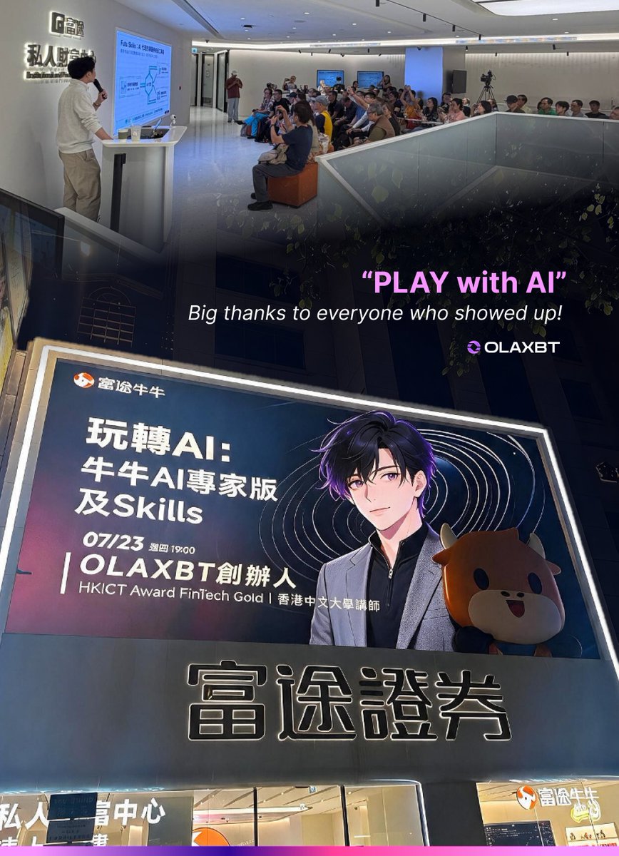 olaxbt's tweet photo. 📺 Did you look up at Russell Street ? @olaxbt  and @futufriends event was featured on a billboard right in the heart of Causeway Bay — across from Times Square. A great moment to be seen right in Hong Kong's core district! 💫

We packed the Futu Private Wealth Centre with over 100 investors and developers for our "Play with AI" session.

Our Founder @web3_IceFire  covered three key themes:

🔸 Build smart filters to capture real-time signals
🔸 Integrate data, strategy, sentiment, and trader views with AI agents
🔸 Transform expert trading logic into reusable AI Skills

Attendees also got an exclusive first look at #OLAXBT Agentic OS — our next‑gen AI trading operating system that integrates multi‑agent collaboration, real‑time signal analysis, and a hard‑veto risk engine.

🙌 Big thanks to everyone who showed up. We're just getting started — stay tuned! 

#Futu #OpenDAI #AgenticOS #AInvesting