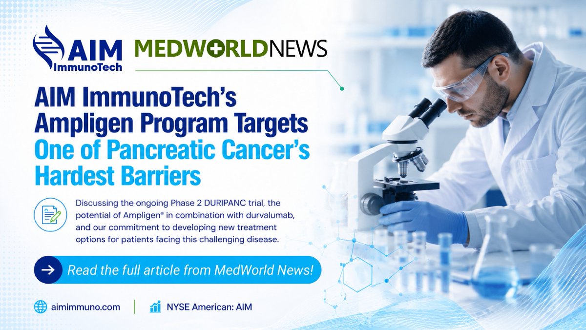AimImmuno's tweet photo. New coverage from @MedWorldNews highlights $AIMs ongoing work advancing Ampligen® in pancreatic cancer.

Read more about the Phase 2 DURIPANC trial and our efforts to address a significant unmet need: https://t.co/YDVROTjnYx 

#CancerResearch https://t.co/r5zAeUBz2y