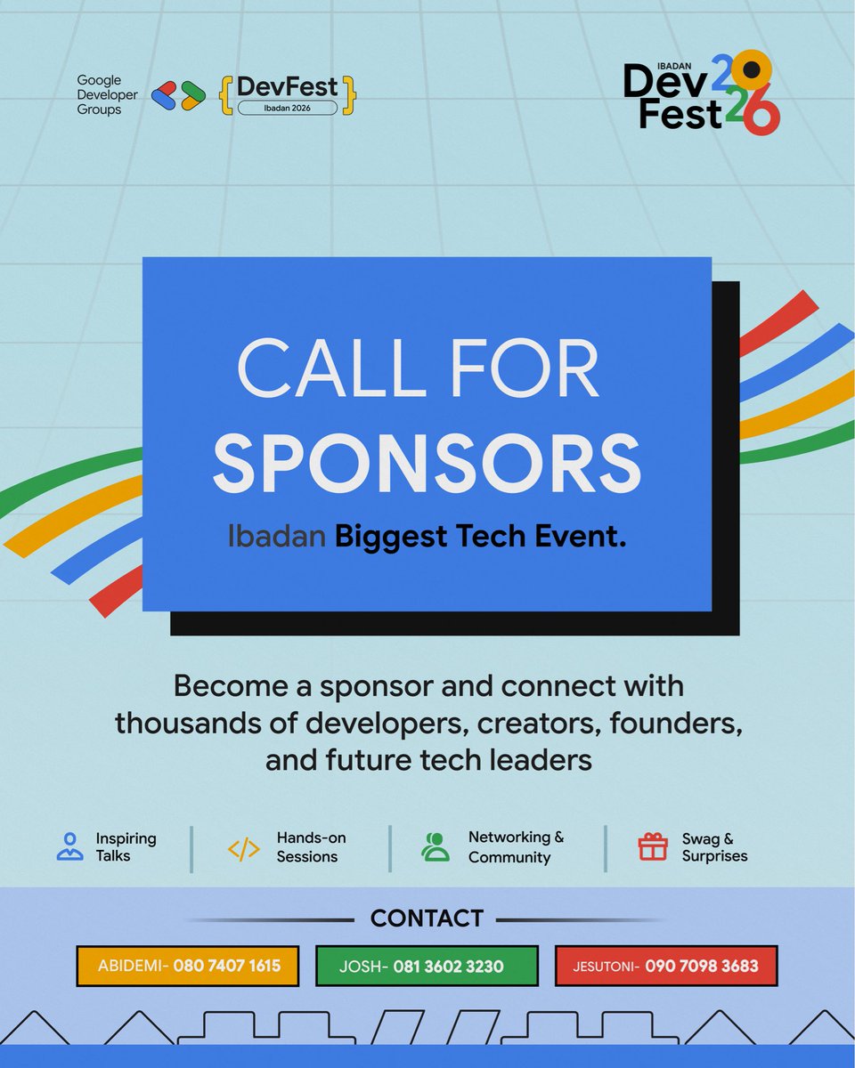 gdgibadan's tweet photo. Partner with Google DevFest Ibadan 2026 ✨

We’re bringing together thousands developers, students, and tech beginners in Ibadan.

If you care about innovation, talent, and community growth we’d love to have you on board.

Let’s connect. DM for sponsorship opportunities.

#gdgib https://t.co/0vAXjD4XU8
