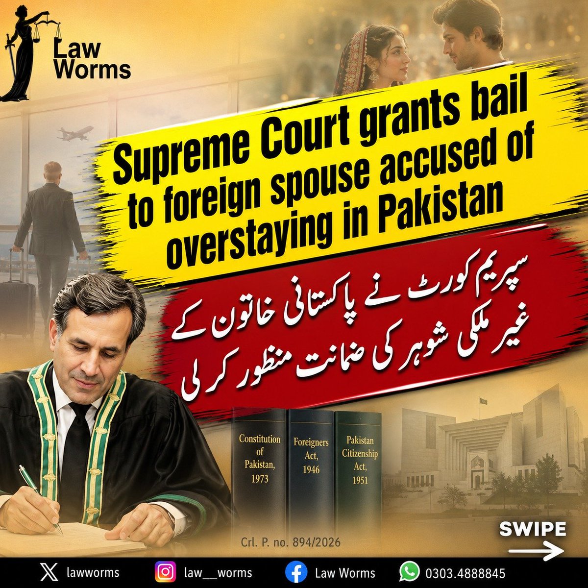 LawWorms's tweet photo. A foreign national, married to a Pakistani woman since 1994 and father to their children, was charged with staying in Pakistan after his visa expired. The Supreme Court granted him bail, saying the case was about overstaying, not illegal entry,

(Cont.) https://t.co/Ad0oiPCETl