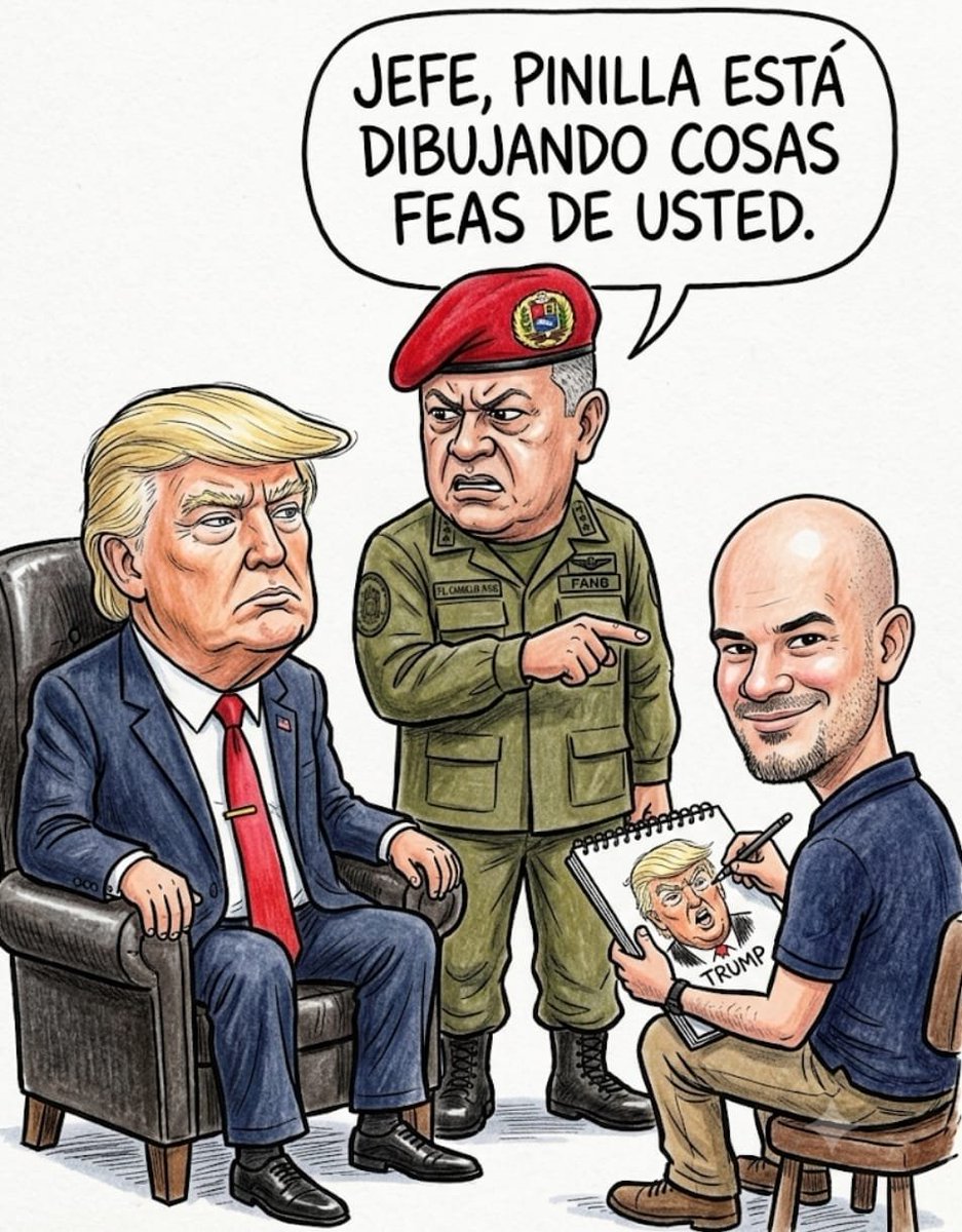 maibortpetit's tweet photo. Es pura poesía surrealista: te pasas toda la vida maldiciendo al "imperio mismo", vistiéndote de rojo para gritar contra el imperialismo, y terminas usando tu propio circo televisivo para defender a Donald Trump como si fueras su jefe de prensa. 

​El nivel de pirueta ideológica que maneja Diosdado Cabello es para medalla de oro. Un personaje acusado por narcoterrorismo en Nueva York, con una recompensa de $25 millones sobre su cabeza (que en su mente seguro se reduce a cero si le junta suficientes puntos de buena conducta al "enemigo"), ahora resulta que se indigna y ataca al caricaturista Fernando Pinilla  @Fpinilla por supuestamente "hacerle campaña" a @POTUS.
​Hay que admirar el nivel de incoherencia:
* Odia a EE. UU. en el libreto de las 8:00 PM.
*Protege el honor de la Casa Blanca a las 8:30 PM.
*Ataca a un artista por dibujar... la purita realidad.
​Cuando la sátira y el humor gráfico te desarman con un solo trazo, la única salida desesperada que le queda es acusar al dibujante de conspirador. Leo sus comentarios....