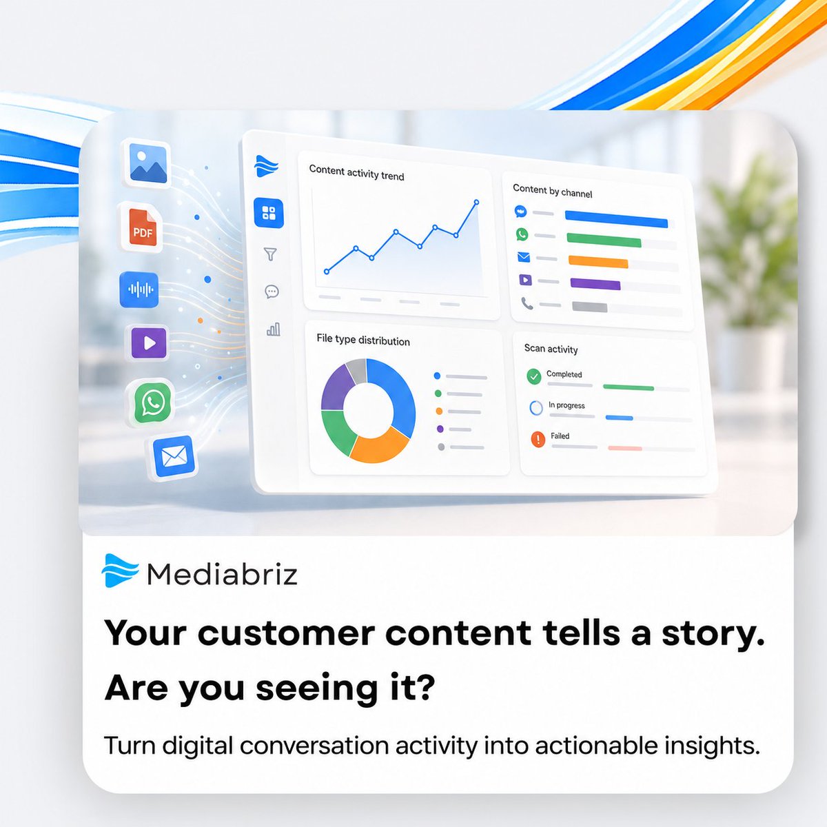 mediabriz's tweet photo. What is your customer content telling you?
Mediabriz Insights brings activity, channels, file types, trends and scan data into one clear view, helping Genesys Cloud™ teams spot patterns and make informed decisions.
See it in action: https://t.co/PaTM6LSSVV https://t.co/1HOCT7LtWs