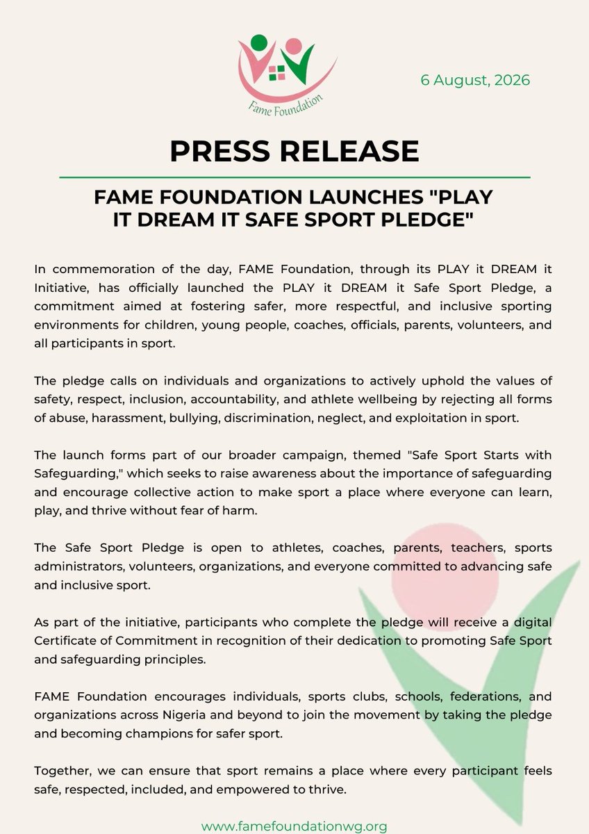 famefoundationF's tweet photo. Today, FAME Foundation, through its PLAY it DREAM it Initiative, proudly launches the PLAY it DREAM it Safe Sport Pledge in commemoration of International Safe Sport Day.

This pledge is a call to action for athletes, coaches, parents, officials, volunteers, sports organizations, https://t.co/b05taFhoO6