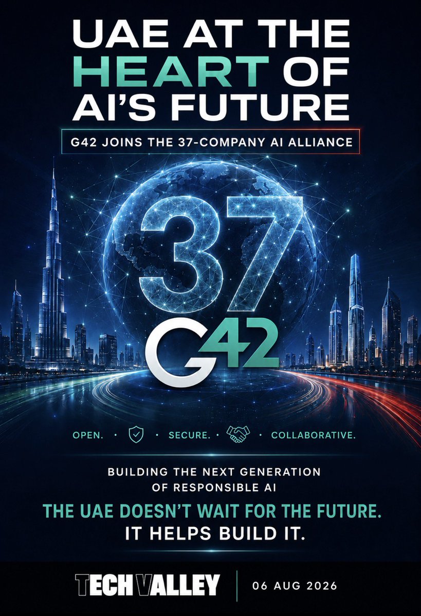 TechValleyUAE's tweet photo. The future is not something leading economies wait for it is something they build.

The UAE has transformed this conviction into a national strategy placing advanced technology and artificial intelligence at the heart of its economic vision.

The participation of UAE-based @G42ai in a global alliance bringing together 37 of the world’s leading AI companies marks another important milestone strengthening the nation’s role in shaping an open, secure and collaborative global AI ecosystem.

This achievement reflects the UAE leadership’s commitment to high impact partnerships and the vision of His Highness Sheikh Tahnoun bin Zayed Al Nahyan @hhtbzayed in positioning the UAE as a global hub for frontier technology innovation and the knowledge economy.