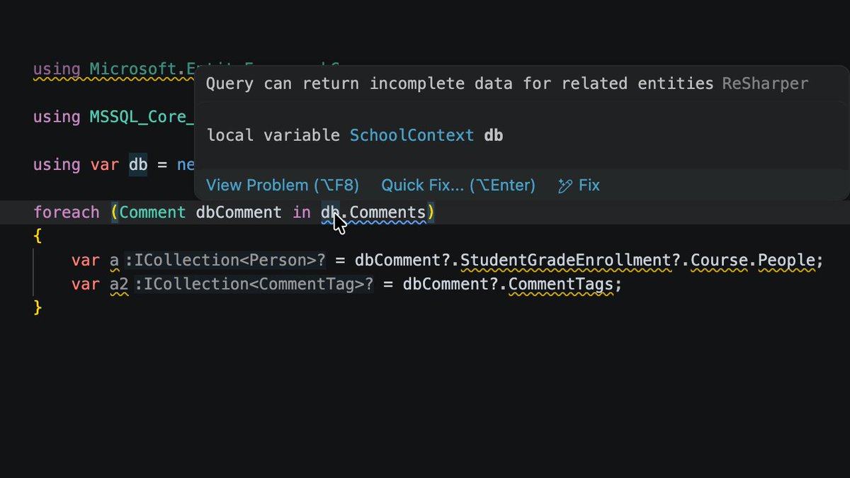 resharper's tweet photo. Your code compiles. Your tests pass. And your app makes 20,001 database queries where one would do.

That's the N+1 problem — and ReSharper for VS Code now catches it as you type, plus four more Entity Framework pitfalls, each with a one-click fix.

https://t.co/0jC9GvKTQq https://t.co/K9FBc1V8QS