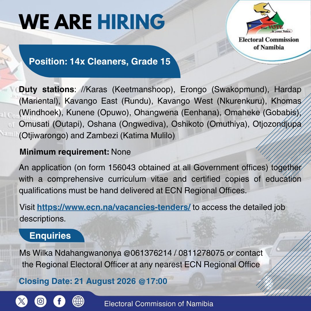 ECN_Namibia's tweet photo. WE ARE HIRING!
#NamibiaVotes
#YourVoteIsYourVoice https://t.co/QfT4OY8Of2