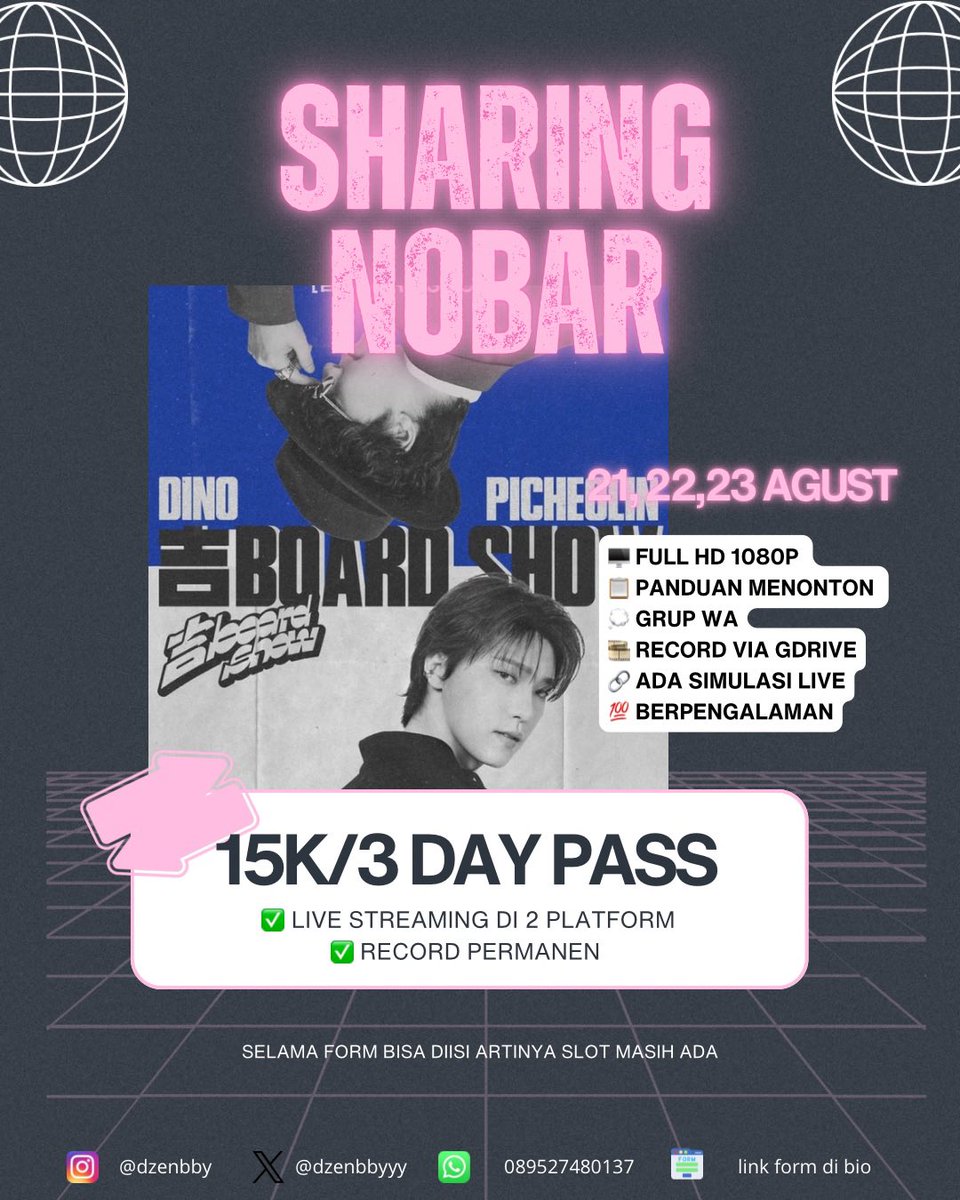 dzenbbyyyyy's tweet photo. OPEN SHARING NOBAR DINO PICHEOLIN [吉 BOARD SHOW]

💵 15K/3 DAY PASS

🗓️ 21, 22, 23 Agustus 2026 

Include :
✅ Live streaming di 2 platform 
✅ Record di gdrive dan ok*u
✅ 1080p
✅ Tes live 
✅ Panduan menonton di grup WA

📩 Link form di bio https://t.co/CVIT5Plkjv