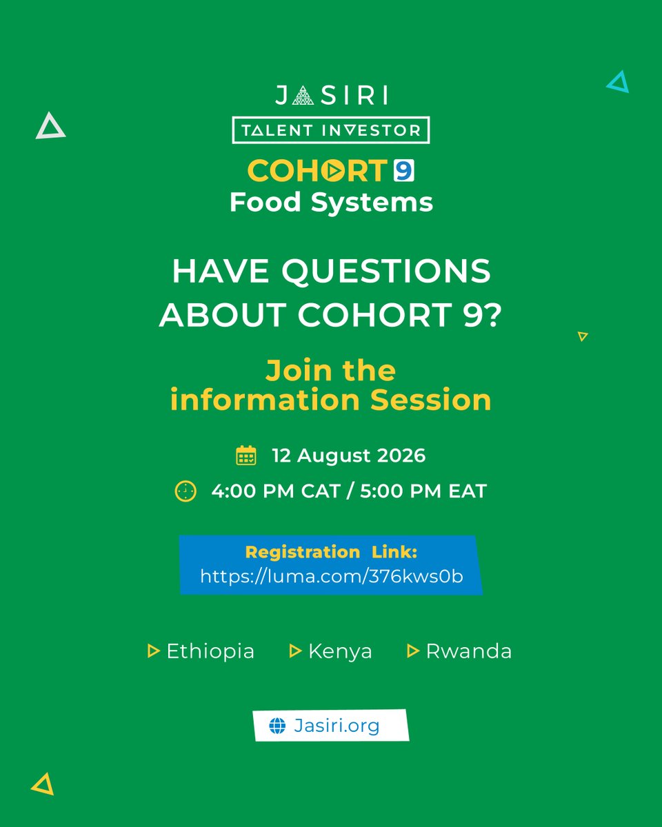 Jasiri4Africa's tweet photo. Have questions about Cohort 9? This session is for you.
 
We are hosting a virtual info session for anyone thinking about applying to Jasiri Talent Investor Cohort 9, focusing on Food Systems.
 
We will walk you through the Cohort 9 opportunity, who we are backing, and how to make your application strong. You do not need a business idea. You need real depth in your field, proof you have built before, and the conviction to build something that matters.
 
Come with your questions and leave ready to apply.
 
12 August 2026. 4:00 PM CAT / 5:00 PM EAT.
Register here: https://t.co/PyB01Awyvn
 
Applications are open at https://t.co/GHbL2M4Ioa.
 
Ethiopia | Kenya | Rwanda
 
#Jasiri4Africa #FoodSystems #Cohort9