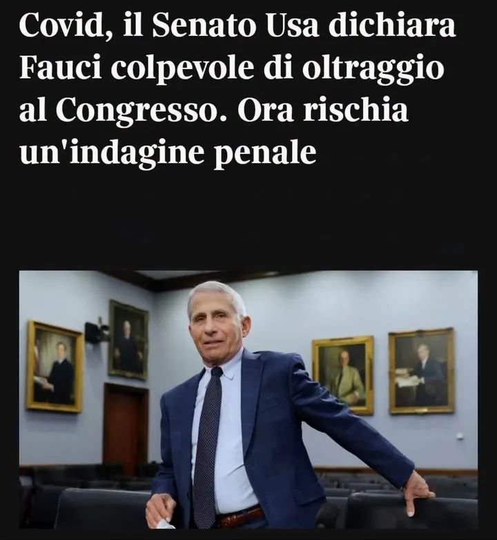 itsmeback_'s tweet photo. COVID: il Senato UUSA dichiara #Fauci colpevole di oltraggio al Congresso, ora rischia indagine penale.

Avanti con le indagini e le incriminazioni a chi nel periodo covidiota ha fatto di tutto per tenere schiava la popolazione e far lucrare le lobby più spregiudicate. Alto tradimento alla Nazione e al popolo.
Ora Fauci sa solo rifiutare di rispondere alle domande perché sa che ad ogni parola finirebbe male legalmente.
In Italia invece sono persino più spudorati e i responsabili di quel periodo di sonno della ragione sono ancora in posizioni apicali e fanno il loro lavoro di politici o di medici avendo pure l'ardire di esaltarsi delle loro azioni vergognose.

- Cristiano Donelli
