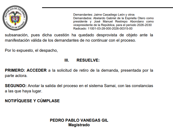 millanrussy's tweet photo. El Consejo de Estado acaba de aceptar el RETIRO voluntario de la demanda interpuesta por Petro y sus abogados contra la elección de Abelardo De La Espriella.

La razón del retiro fue que no tuvieron la capacidad mental para subsanar los yerros de la demanda. https://t.co/CgAu4ysI8u