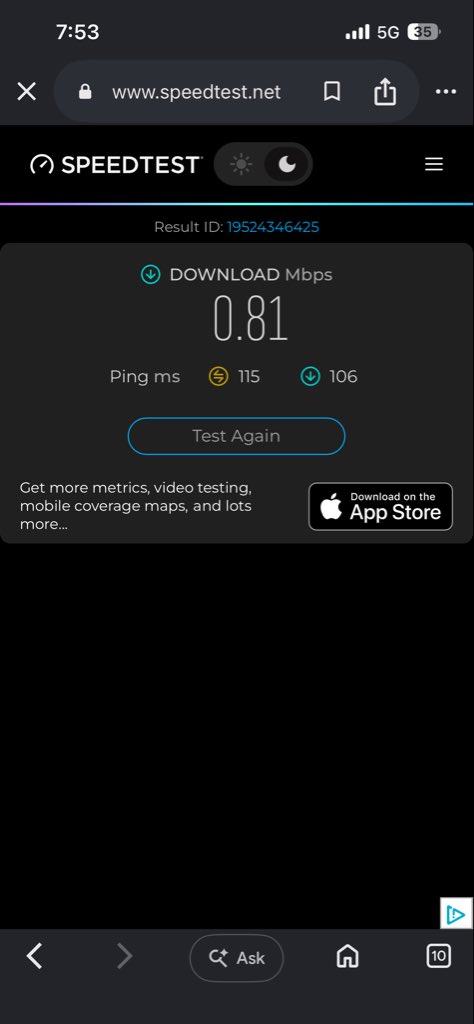 SahilBhangare23's tweet photo. @JioCare @reliancejio Terrible 5G speed at Sakirwadi, Akole, Ahilyanagar (422604)! Daytime speed is 50-60 Mbps, but during peak hours (5-11 PM) it plummets to <1 Mbps! Is this your 5G standard? Single tower is severely overloaded. Upgrade tower capacity immediately! 😡 https://t.co/kkUj52vfKT