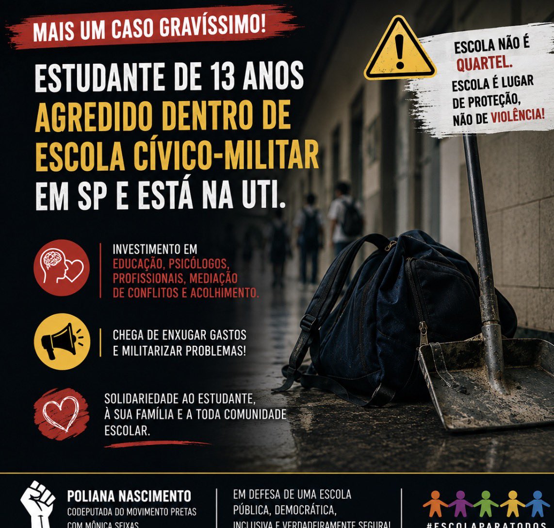 PolianaPretas's tweet photo. Um estudante de 13 anos está na UTI após ser brutalmente agredido dentro de uma escola cívico-militar em SP.

Esse caso reforça uma pergunta necessária: o modelo cívico-militar está tornando as escolas mais seguras? Até agora, os episódios de violência mostram que militarizar a gestão não substitui investimento em educação, acolhimento, psicólogos, mediação de conflitos e valorização dos profissionais.

Escola precisa formar cidadãos, não reproduzir uma lógica de disciplina que, sozinha, não enfrenta a violência.