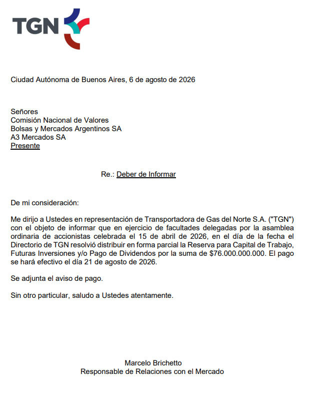 ajtrejo_arg's tweet photo. $TGNO4 presentó Art. 63 por 2H26. EPS $246,86 (incluye $91,74 del 1Q26). VL al 30-jun-26: $2.961 (P/B 1,3x).

Adicionalmente, el 21-ago distribuirá dividendos por $ 76 mil mln. Esto es un dividend yield del 4,5% ($173 por acción). https://t.co/qFG2m4UzV9