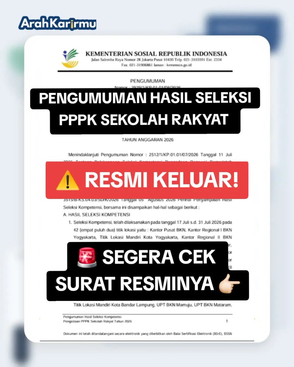ArahKarirmu's tweet photo. π₯ PENGUMUMAN SKTT RESMI KELUAR!!!
Sudah persiapan untuk TES SKTT PPPK SEKOLAH RAKYAT 2026?
Yang mau Bahan belajar
Cek di bio β
#p3k
#sekolahrakyat
#PPPK
#lowongankerja #rekrutmen
Bahan Belajar
Review/Spill/FR
Kisi-Kisi
Soal
EBook
Sekolah Rakyat
KemensosRI
Pengumuman https://t.co/gGJJlt1NJR