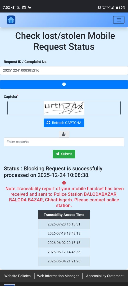mohitlilhare09's tweet photo. My Tablet was stolen in December 2025. I filed a complaint and blocked it on the CEIR portal. Traceability reports have been sent five times so far, which I have also reported to the Baloda Bazar police station, but no action has been taken or I am being given any information. https://t.co/Nr2rWeCiiE