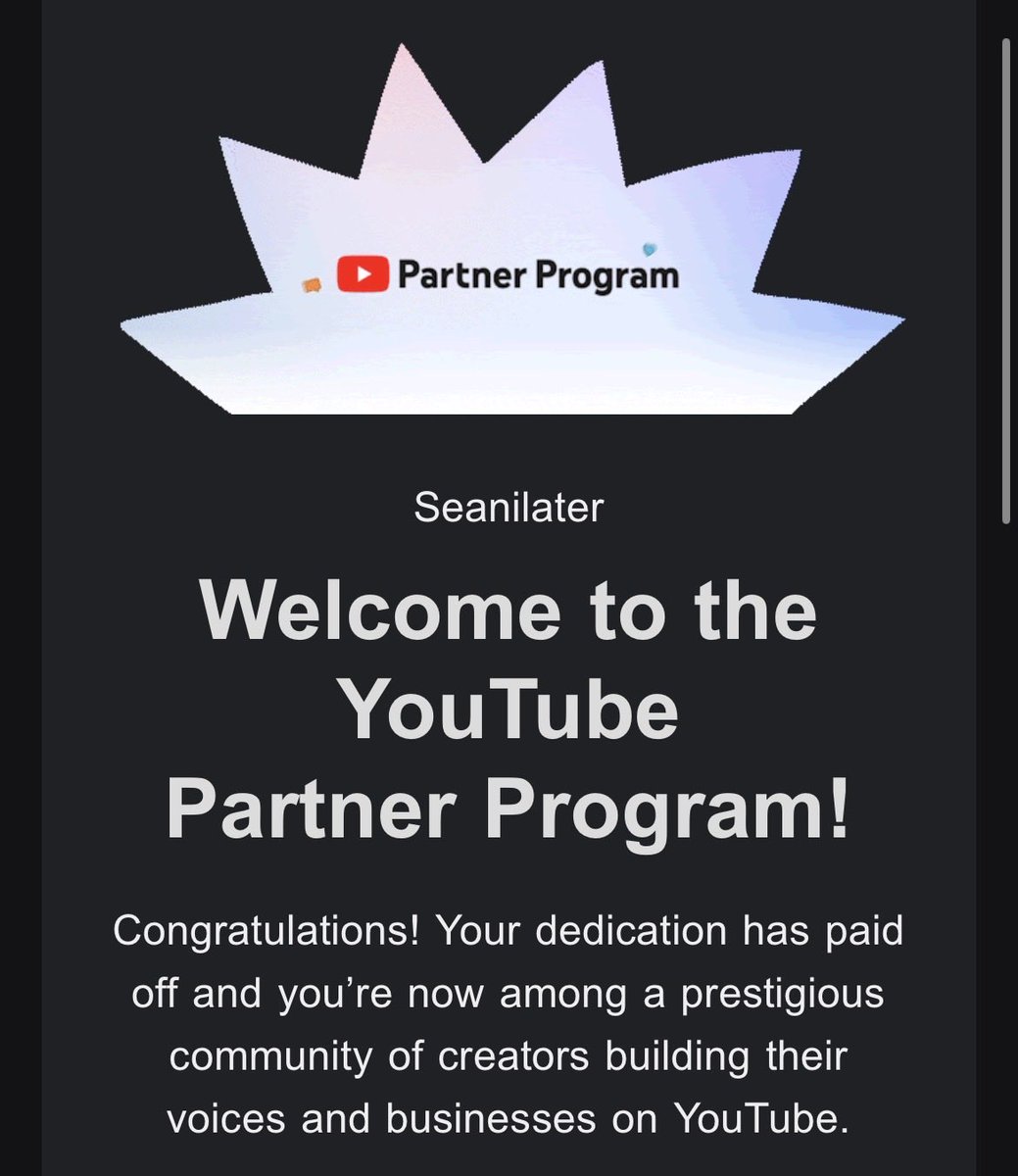 Seanilater's tweet photo. We have officially made it into the #YouTubePartnerProgram !! Thank you all for all your support. To many more milestones

08/06/26 https://t.co/JVJeyLGenV