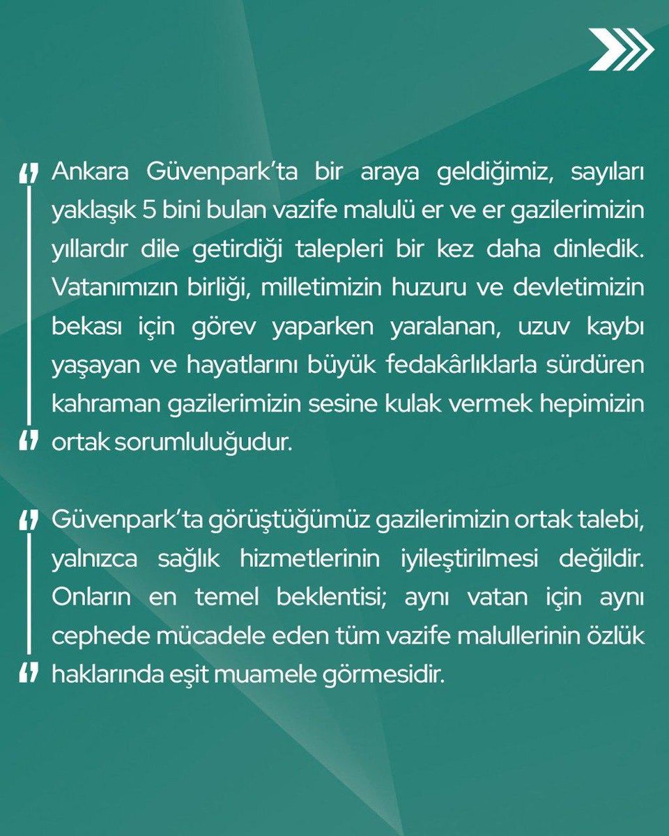 devapartisi's tweet photo. Zeynep Sudan: “Hayatlarını büyük fedakârlıklarla sürdüren kahraman gazilerimizin sesine kulak vermek hepimizin ortak sorumluluğudur.

Güvenpark’ta görüştüğümüz gazilerimizin ortak talebi, aynı vatan için aynı cephede mücadele eden tüm vazife malullerinin özlük haklarında eşit muamele görmesidir.”