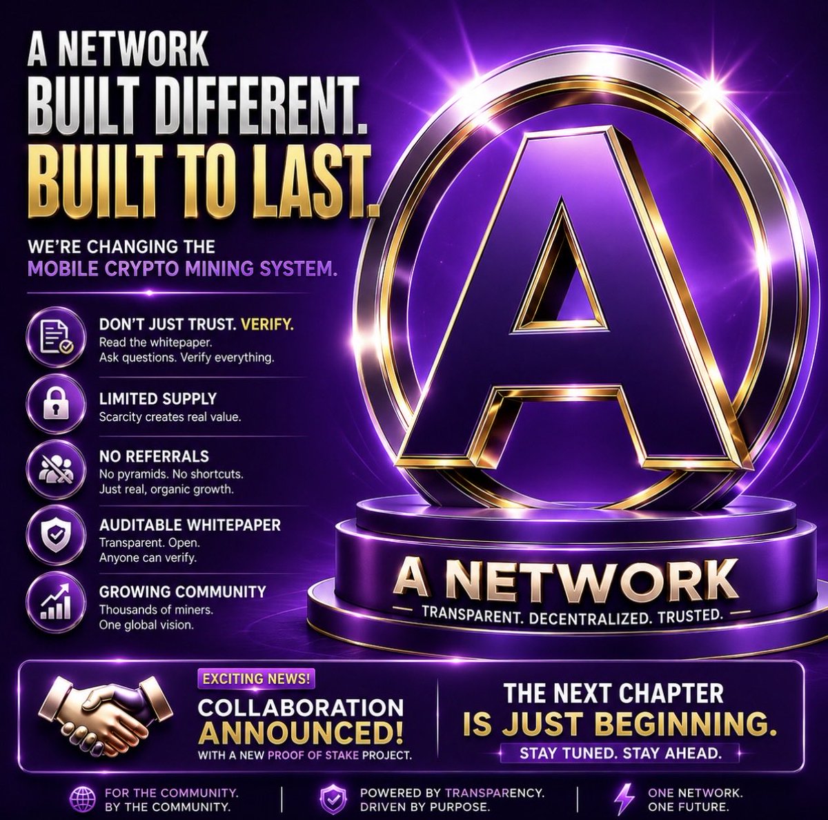 ANetwork_Europe's tweet photo. The crypto industry doesn’t need another project asking you to “believe.”

It needs projects willing to be questioned.

That’s why A Network has always stood behind one message:

Don’t just trust. Verify.

Every mechanism should be transparent.
Every decision should make sense.
Every community member should understand what they’re supporting.

No referral incentives.
Limited supply.
Open documentation.
Growing global adoption.

These aren’t marketing slogans.

They’re principles.

And those principles are already attracting new opportunities, including a recently announced collaboration with an upcoming Proof of Stake project.

The foundation is getting stronger every single day.

The next chapter is closer than you think.

#ANetwork #ANet #wANet