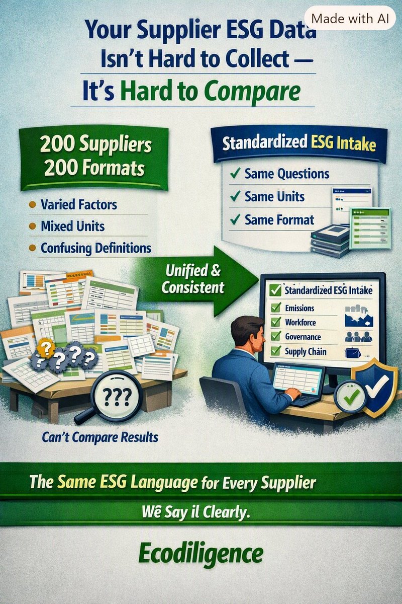 ecodiligence's tweet photo. Your supplier ESG data isn’t hard to collect.
It’s hard to compare — and that’s why Scope 3 disclosures stall.
200 suppliers, 200 formats for the same climate, workforce, governance questions.
#Procurement #ESG #Scope3 #GHGProtocol #CSRD #ISSB #CDP #SupplyChain #Sustainability https://t.co/KOgSkIrYYz