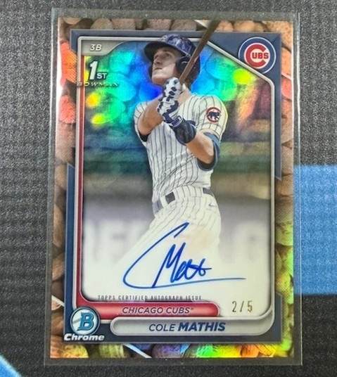 gradencardsllc's tweet photo. 2024 Bowman Chrome Draft Cole Mathis 1st Auto Peanut Refractor /5 🥜
Cubs prospect. Numbered to 5. $799.
Available at https://t.co/tWPi31BjSM
#SportsCards #BowmanChrome #GradenCards https://t.co/MWzB1Z1pfu