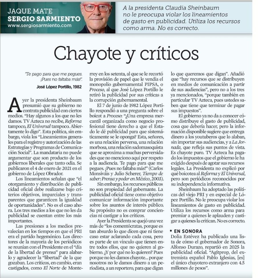 ferbelaunzaran's tweet photo. Ayer Sheinbaum se mató sola al confesar el uso discrecional de la propaganda oficial para castigar medios críticos y premiar medios dóciles:

Lean a @SergioSarmiento:

Chayote y críticos

“Sheinbaum ha adoptado las políticas del viejo PRI y en especial de López Portillo” https://t.co/2BT3fATVYt