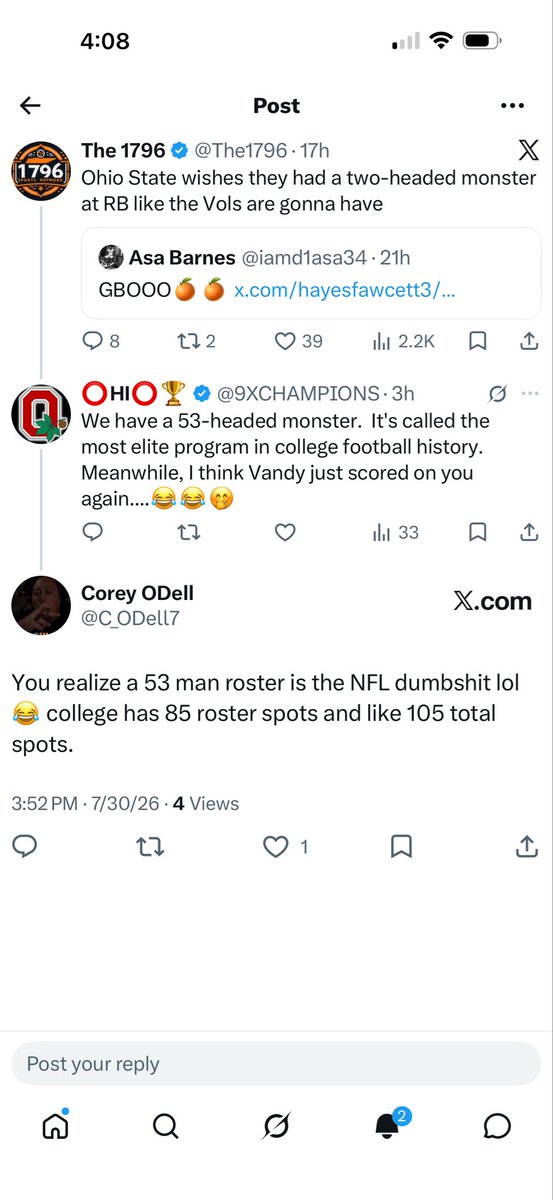 C_ODell7's tweet photo. @9XCHAMPIONS @VolRecruiting98 The guys that thinks college football teams have 53 man rosters lol 😂 chill out homie https://t.co/Oi1kRRTLXK
