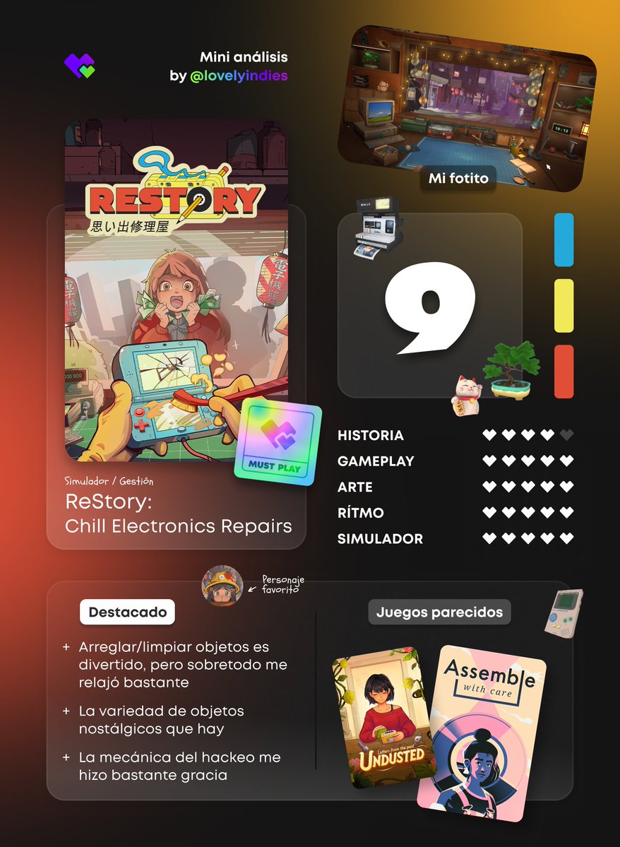 lovelyindies's tweet photo. MINI REVIEW 🕹️
ReStory: Chill Electronics Repairs

Una de las cosas que más me gustan de los videojuegos de simulación es reparar/limpiar y ordenar, me encanta esa satisfacción que hay después. Y si encima son objetos nostálgicos con los que has crecido, lo hace aún mejor.  

También me gusta mucho que no tienes mil cosas que gestionar, es un juego bastante sencillo y relajante. Atiendes tus pedidos, escuchas las historias de los clientes (quizá haya un personaje que os sea familiar 👀) y pones tu tienda bonita. 

Gracias a @tinyBuild por la clave 💛