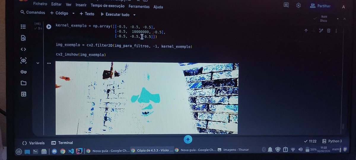 hozh16's tweet photo. ㅤㅤㅤ · · ─ ·✶· ─ · ·

⁎  Tive que muda de foco pq entrei num
⁎  programa de IA integrada e agora
⁎  to estudando Visão Computacional
⁎  Achei muito foda e como prática 
⁎  usei o Google Collab e usei foto
⁎ da minha princesa para testa kernels.

ㅤㅤ︶⊹︶︶✦ ︶︶⊹︶ https://t.co/XlBsBmTypC