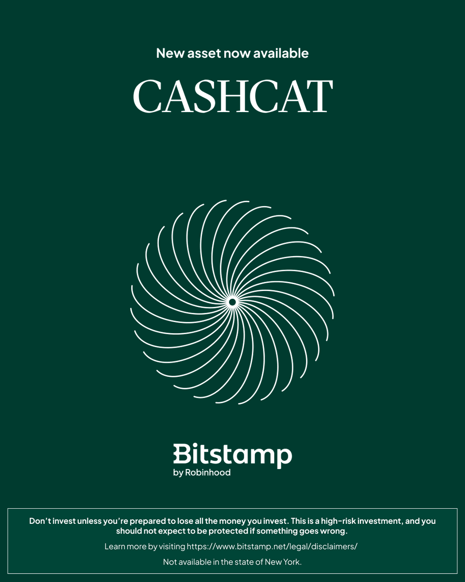 RobinhoodCrypto's tweet photo. CASHCAT is now available to trade on Bitstamp by Robinhood. https://t.co/71WqF6ZC8c