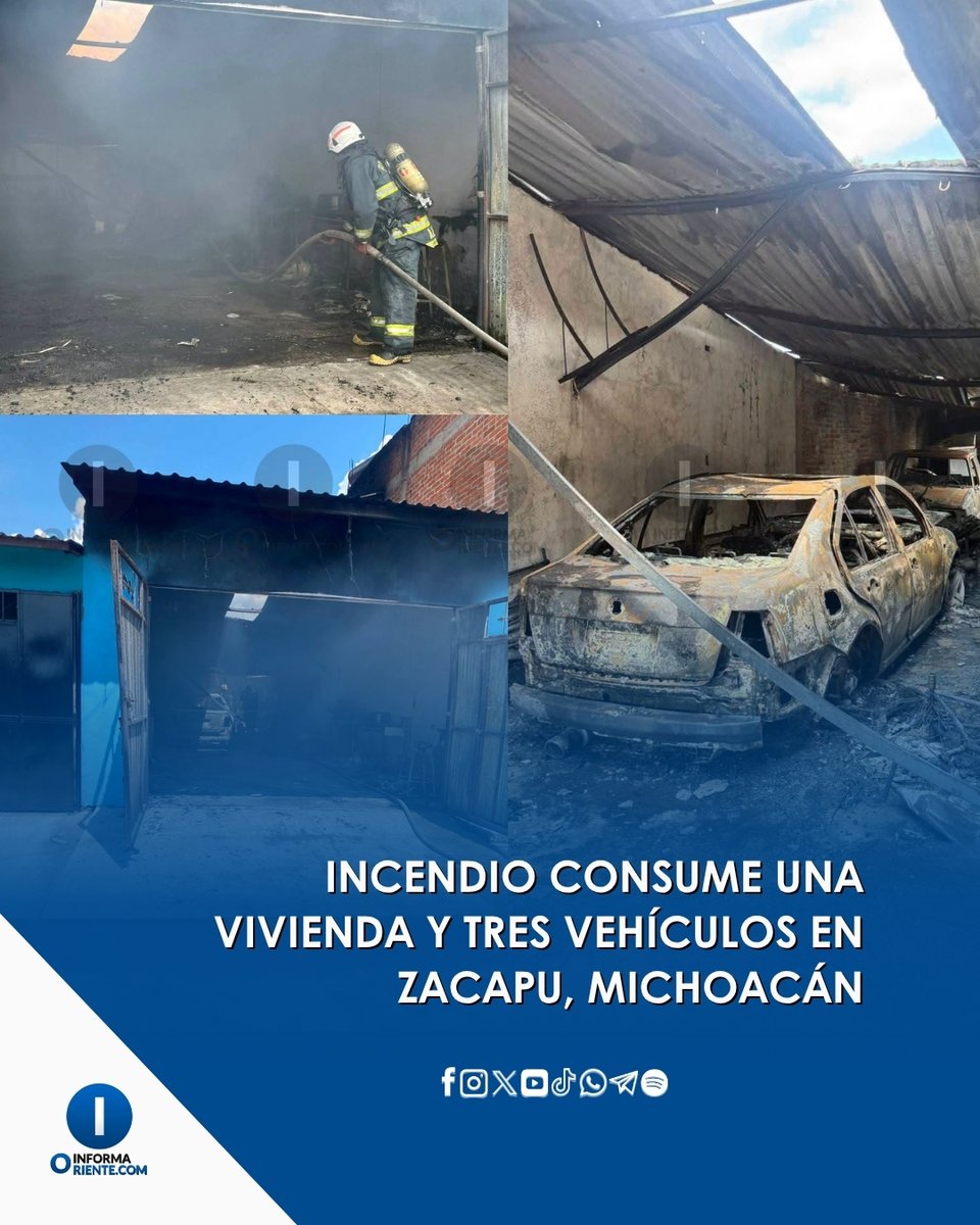 InformaOriente's tweet photo. 🔥🚒 Un incendio consumió una vivienda y tres camionetas en la comunidad de Cantabria, en Zacapu.
🏠🚨 De acuerdo con los primeros reportes, una presunta fuga de gas habría originado el siniestro. Bomberos evitaron que las llamas se propagaran
#Zacapu #Michoacán #Incendio https://t.co/9F2kl1Pgdp