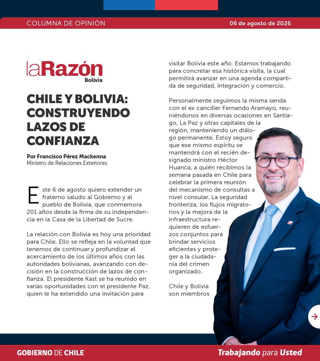 Minrel_Chile's tweet photo. 📰 | En el marco del Día de la Independencia de Bolivia, el ministro Francisco Pérez Mackenna destacó los avances en la relación bilateral y reafirmó el compromiso por fortalecer el diálogo, la cooperación y el trabajo conjunto, en su columna en @LaRazon_Bolivia. 🇨🇱🇧🇴 https://t.co/KXLaIH2UDS