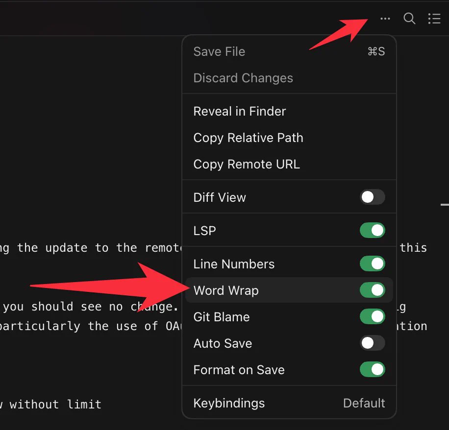 show three dot menu in editor with word wrap