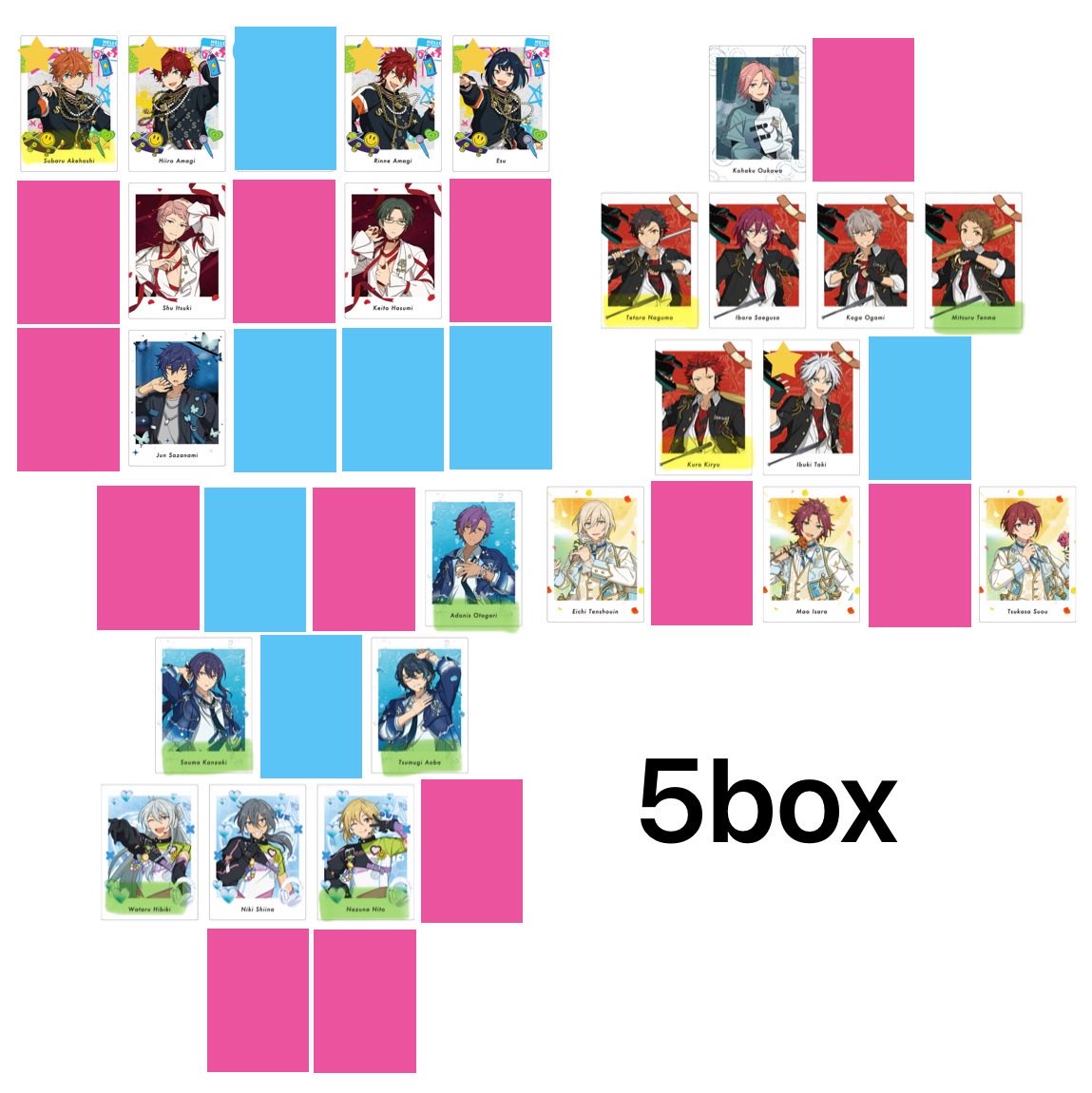 36huke111's tweet photo. 【交換】あんスタ P.A.shots!! Vol.7    ぱしゃっつ Action Private
A17,P3BOX予約予定(8月下旬頃)

譲:画像1〜6参照

求:7Aゆうた>>>>>4Aひなた>7Pゆうた>7Aひなた

※⭐️は出た数-1になります
※7Aひなたは🟩緑線との交換かつ7Aゆうたの同数まで
※7Pゆうたは🟨黄線及び🟩緑線
との交換のみ
↓ https://t.co/M9YWNKhvR6
