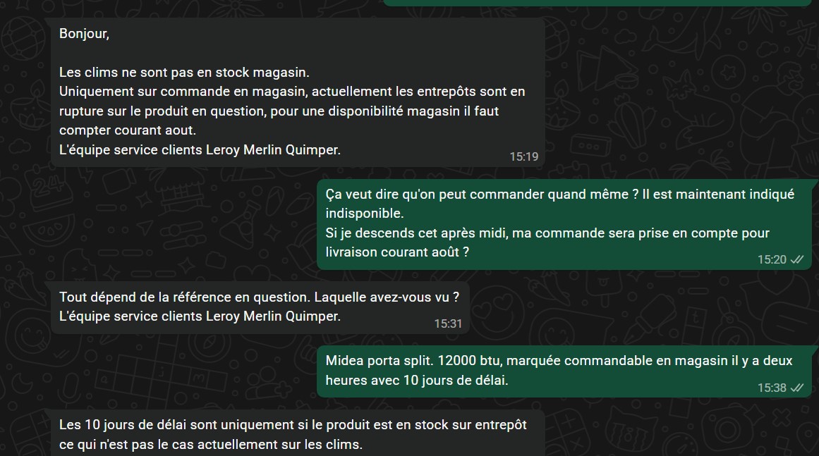 DelfyneG1217's tweet photo. Quand le support client WhatsApp de @leroymerlinfr Quimper vous demande de faire des recherches et des captures d'écran de LEUR propre site pour leur prouver qu'un produit existe... avant de vous faire la morale. 🤦‍♂️

L'art d'envoyer balader un client ! #ServiceClient #LeroyMerlin https://t.co/o8sKqPLOVH
