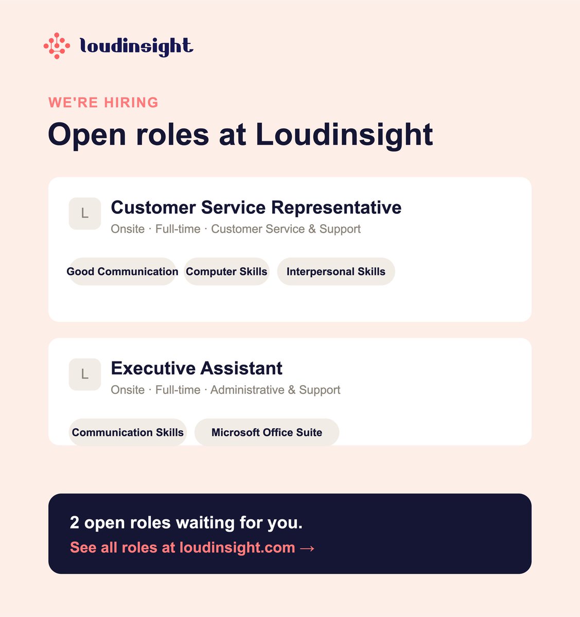 _loudinsight's tweet photo. 🚀 New job opportunities are now live on Loudinsight!
Explore the latest openings, find a role that matches your skills, and take the next step in your career.

Apply today at https://t.co/lh5YsFJXtn

#Loudinsight 
#NowHiring 
#Jobs 
#CareerOpportunities https://t.co/3NKFFQEXDu