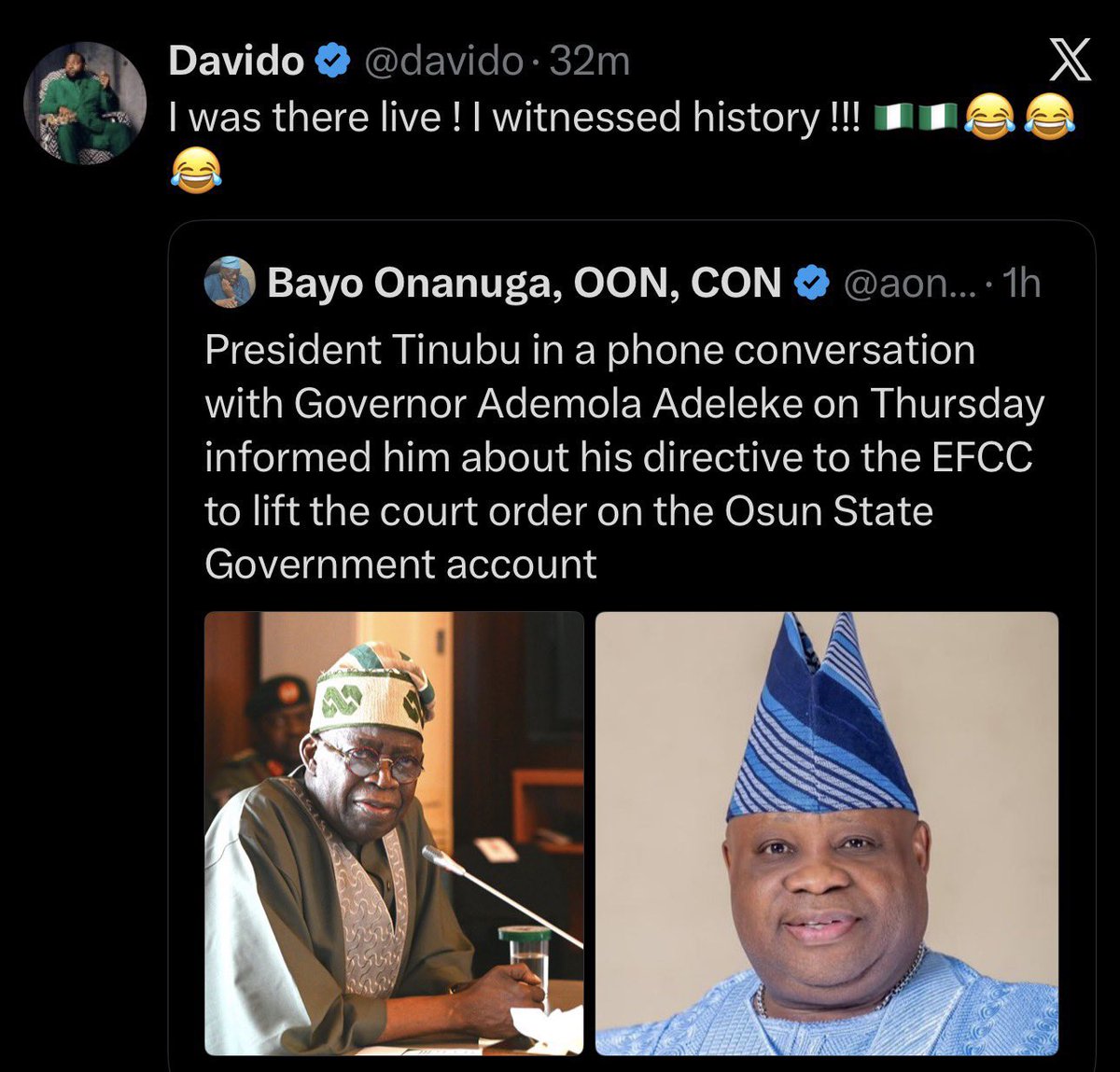 NationalPulseNG's tweet photo. Singer Davido confirms that Governor Ademola Adeleke spoke with President Bola Tinubu regarding the EFCC’s freezing of the Osun State Government’s account.

Bayo Onanuga | Psquare | EFCC | Peter and Paul | Cynthia Morgan | RCCG https://t.co/TNXEoBoDkU