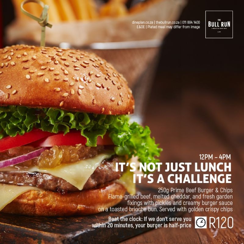 SandtonTourism's tweet photo. ๐โฑ๏ธ The Bull Run Lunch Challenge is on! Order your burger, and if it's not on your table in 20 minutes, it's HALF PRICE. Fast service or a bargain lunch, either way you win. #TheBullRun #LunchChallenge #Sandton
https://t.co/QFvfWIVd51 https://t.co/7zPefq8Jre