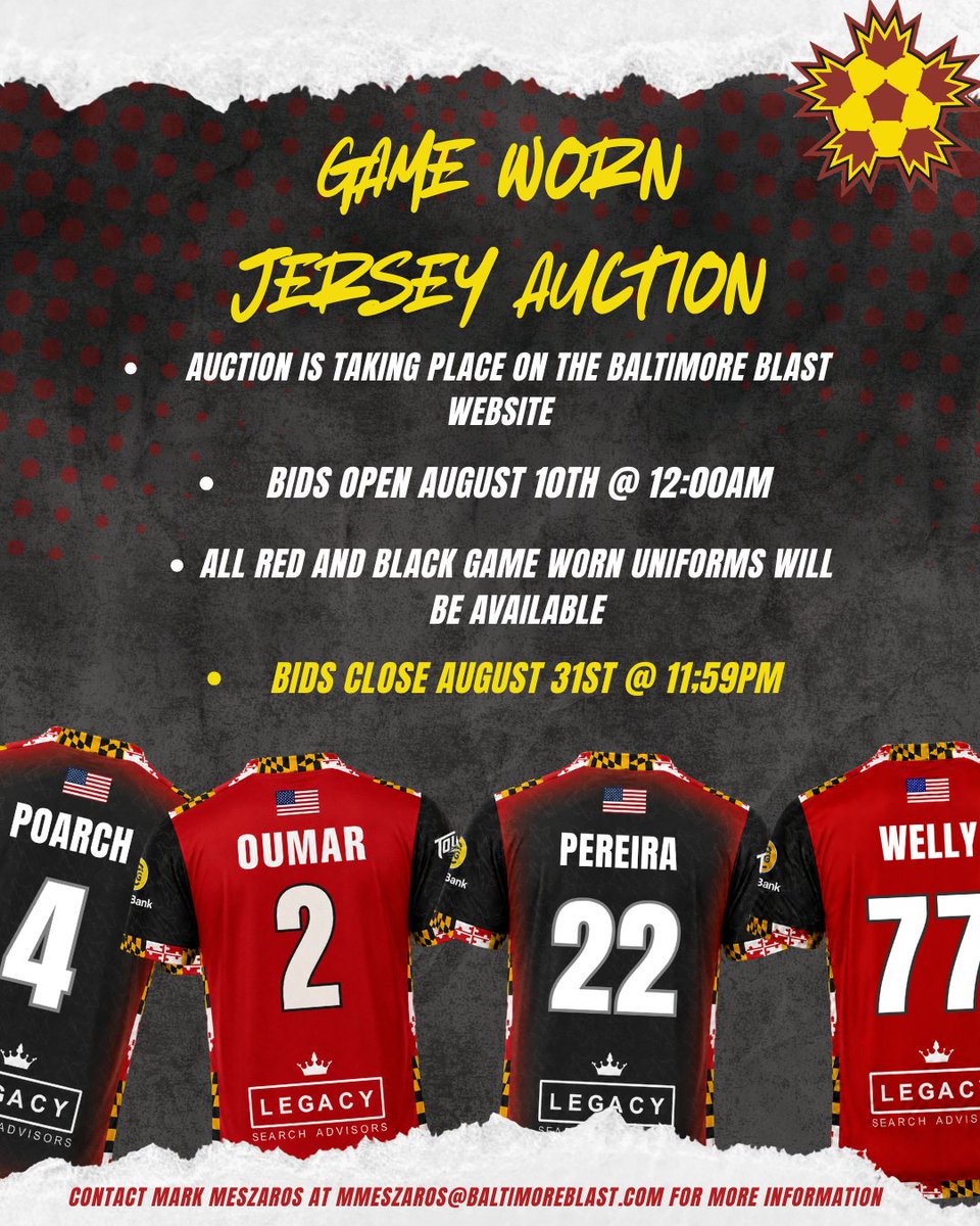 BaltimoreBlast's tweet photo. 🚨 GAME WORN JERSEY AUCTION IS BACK!🚨Game Worn Red and Black Jerseys from the 2025–26 season will be available through the Baltimore Blast website!

Bidding opens: August 10 at 12:00 AM
Bidding closes: August 31 at 11:59 PM

Visit the Auction: https://t.co/sp2AHTTUt8 https://t.co/J92D42xOiJ