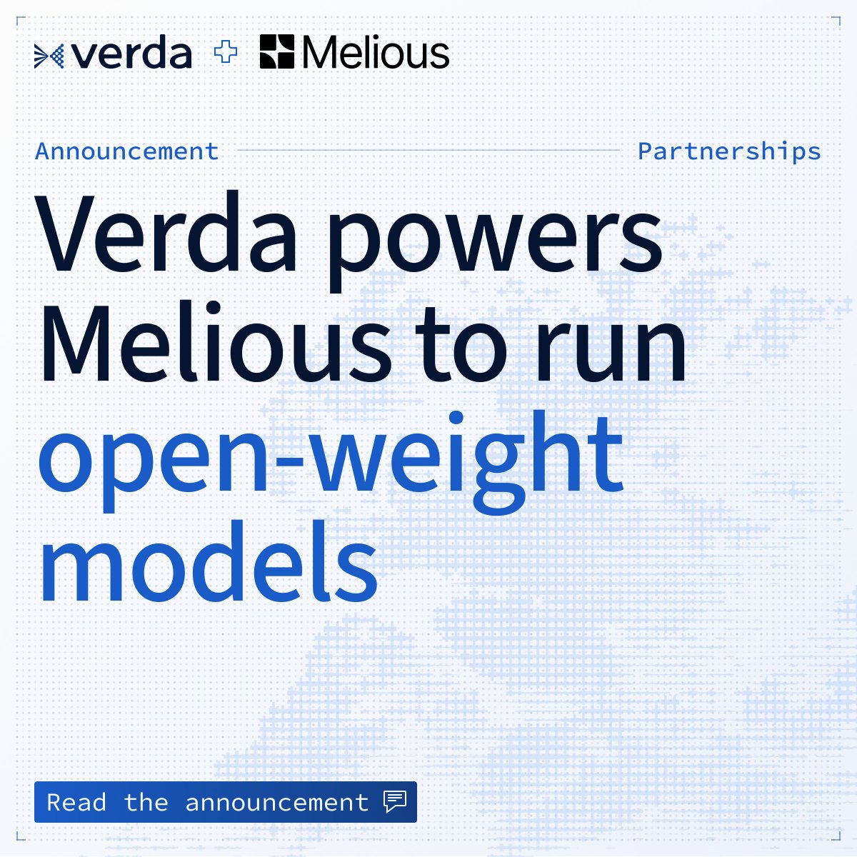 verdacloud's tweet photo. Melious is now serving GLM 5.2 and DeepSeek V4 Flash 0731 in production on Verda.

European AI that stands on its own: open-weight models through a single API, now running on our clusters.

More about the partnership: https://t.co/ST4fIALIJ9 https://t.co/aH9vfuIvS2