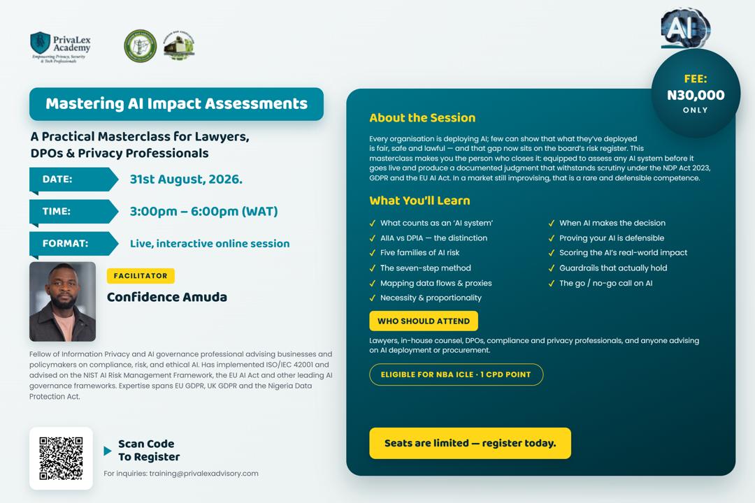 PrivaLexAdvisor's tweet photo. Mastering AI Impact Assessments is here!
Learn how to assess AI systems, identify risks, and support responsible AI deployment in this practical online masterclass.

secure your seat today by registering via the link 
https://t.co/ySBeMlHp2f https://t.co/dZax1xlKBj
