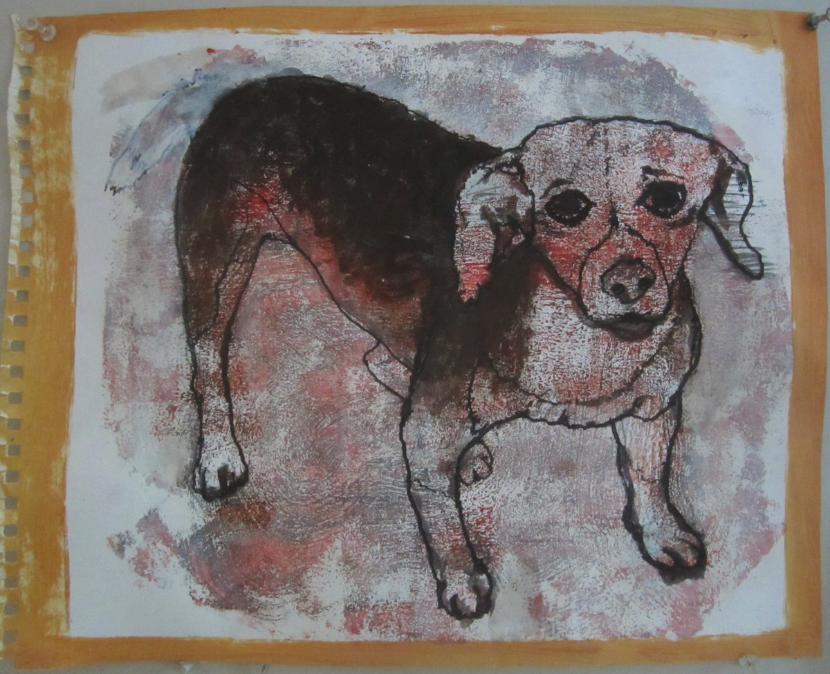 hobothumb's tweet photo. good morning 🧜‍♂️🤦    otwtoday: one of a series of self-portrait starts with the gel plate &amp; my dog, bella   acrylic, gouache &amp; marker on paper, 17x14" https://t.co/p7GpFwHlER
