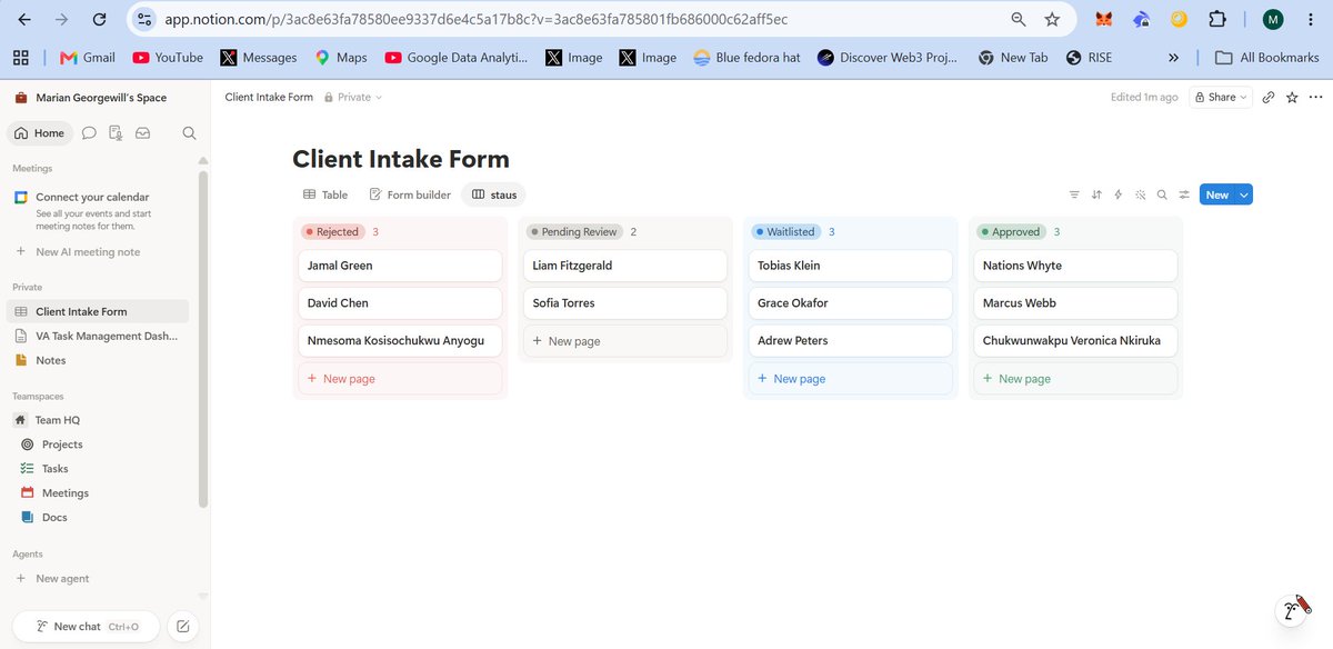 OkoriteGeo654's tweet photo. Day 12 of 20-Day Visibility Challenge with @remotetrybe @odosaar

Built a Client Intake system in Notion; form, status tracker, board view by stage, plus a task dashboard.

Everything visible at a glance, start to finish.

#RemoteTrybe #VirtualAssistant #Productivity https://t.co/KJDnwLreDh