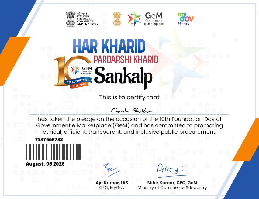 shekharc321's tweet photo. 🛒🇮🇳 Proud to take the Har Kharid, Pardarshi Kharid Sankalp on the 10th Foundation Day of GeM. Committed to promoting ethical, efficient, transparent, and inclusive public procurement.
#GeM #TransparentProcurement #MyGov #DigitalIndia #ViksitBharat https://t.co/I3AzU0y5ZP