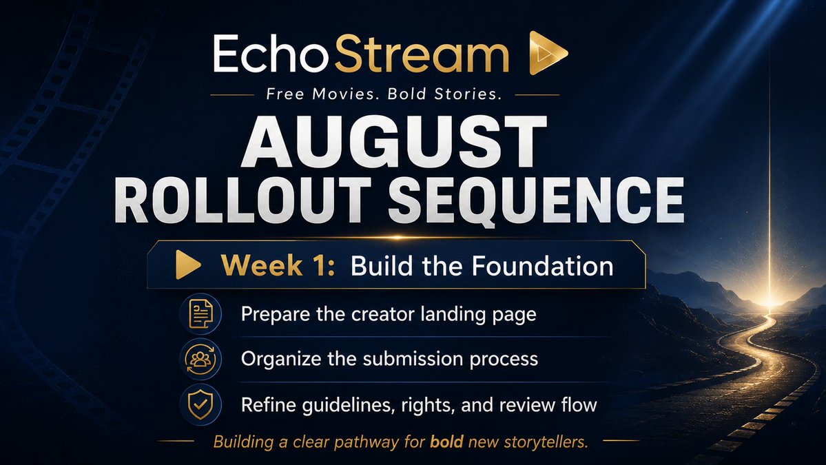 EchoStreamTV's tweet photo. Week 1 of EchoStream’s August rollout begins now.

We’re building the foundation: preparing the creator landing page, organizing the submission process, and refining the guidelines, rights, and review flow.

A clear pathway for bold new storytellers starts here.
#EchoStream #EchoShorts #AIFilmmaking #Creators