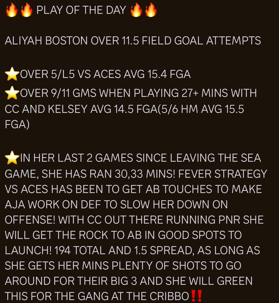 RACKEMSPORTS's tweet photo. ๐ฅ๐ฅ PLAY OF THE DAY ๐ฅ๐ฅ
ALIYAH BOSTON OVER 11.5 FIELD GOAL ATTEMPTS
#POTD #PLAYOFTHEDAY #PrizePicks #playerprops #DFS #pp #mlb #NFL #NFLPRIZEPICK #nfltwitter #nbatwitter #NBA #nbaplayoffs #NBAFinals #WNBACommishCup #tiktok #NBAprizepick #WNBACommissionersCup
#WNBAPicks #nbaespn #wnba #NBACup #nbaprop #nbaplays #WNBATwitter #WNBAProps #wnbabets #nbabets #WNBA #nbapickstoday #Gambling #GamblingX