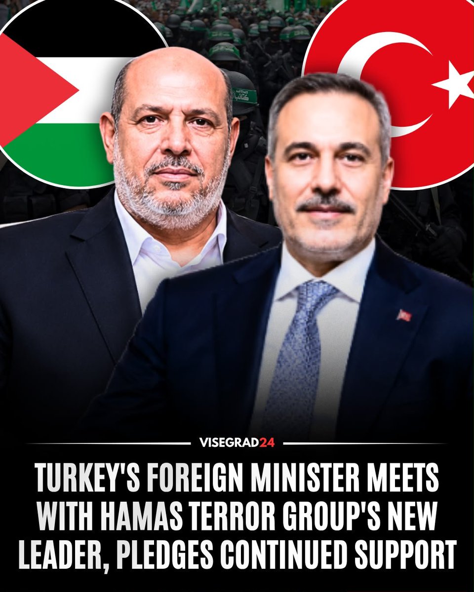 visegrad24's tweet photo. Turkish Foreign Minister Hakan Fidan has met with Khalil al-Hayya, the newly elected head of Hamas's political bureau, in Ankara, reaffirming Turkey's support for the “Palestinian cause” and praising Hamas's role in what Ankara described as peace efforts.

Fidan congratulated al-Hayya on his appointment, pledged that Turkey would increase humanitarian aid to Gaza, and back the Palestinian cause "on every international platform."

Al-Hayya, who was elected Hamas's political chief on July 20, is based in Qatar, a country which has long housed Hamas, the Muslim Brotherhood and several other Islamist extremist organizations.